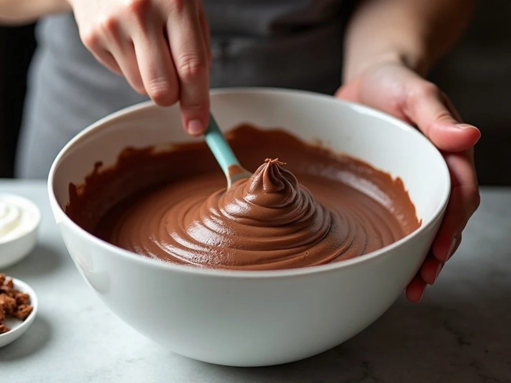 Folding whipped cream into chocolate cream cheese filling