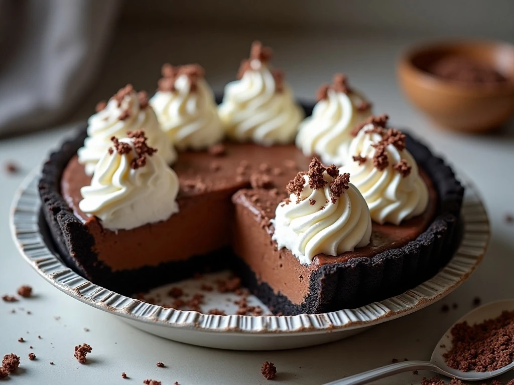 Sliced almost no-bake ultimate mud pie with whipped cream and chocolate curls