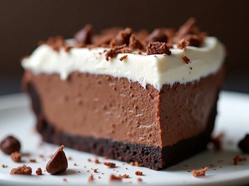 Close-up of a chilled mud pie slice with chocolate shavings