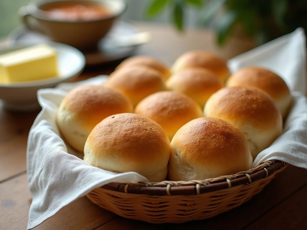 Basket of soft homemade 30-minute dinner rolls ready to serve