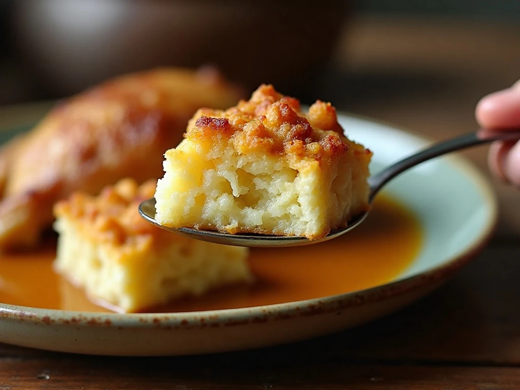 Serving of golden Amish potato stuffing with a tender potato-and-bread center