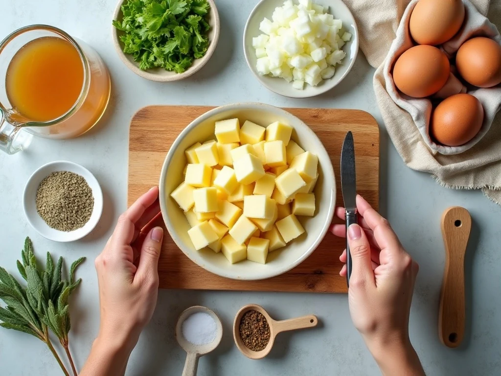 Ingredients for Amish potato stuffing arranged on a kitchen counter