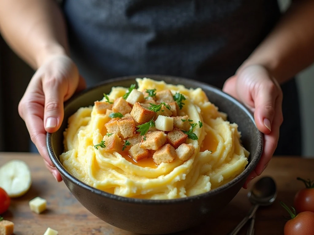 Mixing potatoes, bread, vegetables, eggs, and broth for Amish stuffing