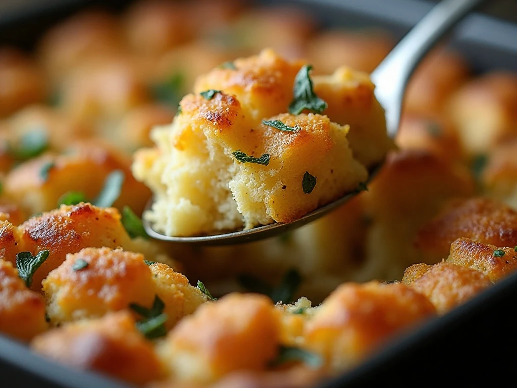 Close-up of the crisp golden texture of Amish potato stuffing