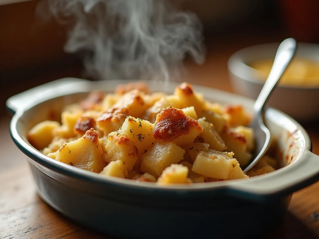 Reheated Amish potato stuffing with a golden browned top