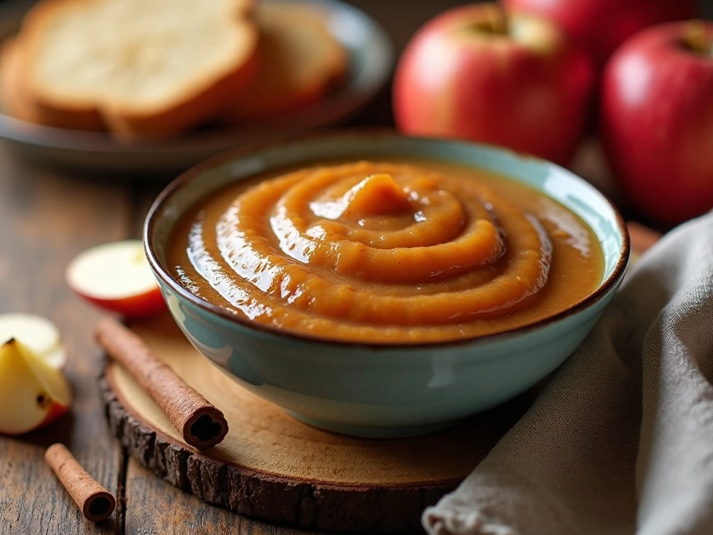 Homemade apple butter served with toast and fresh apples