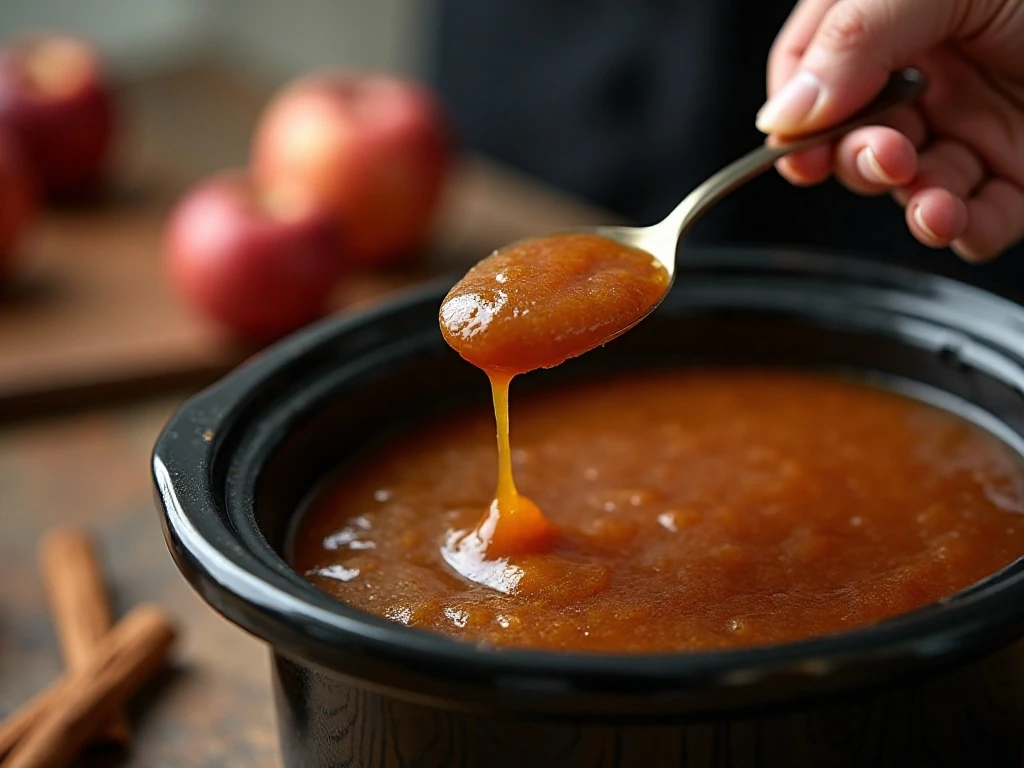 Testing the thick consistency of apple butter on a spoon