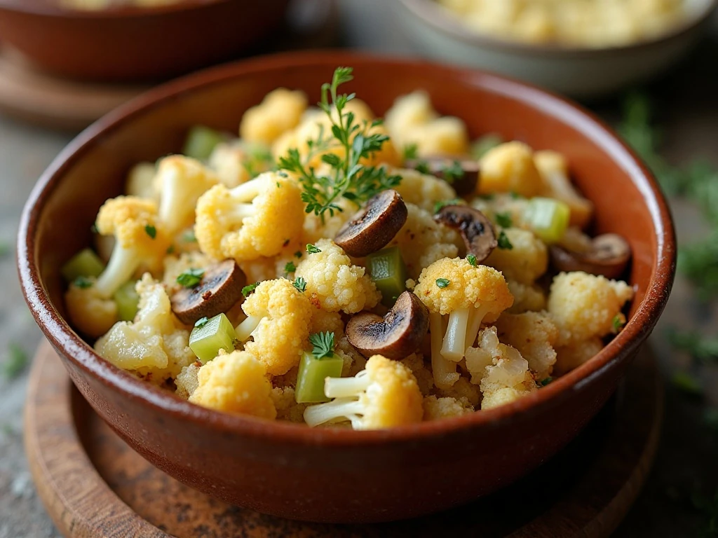 Low-carb cauliflower stuffing served in a rustic bowl