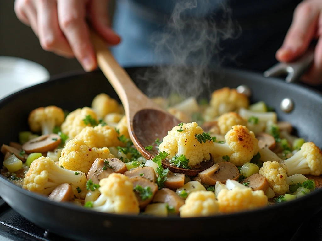Cauliflower stuffing sautéing in a skillet