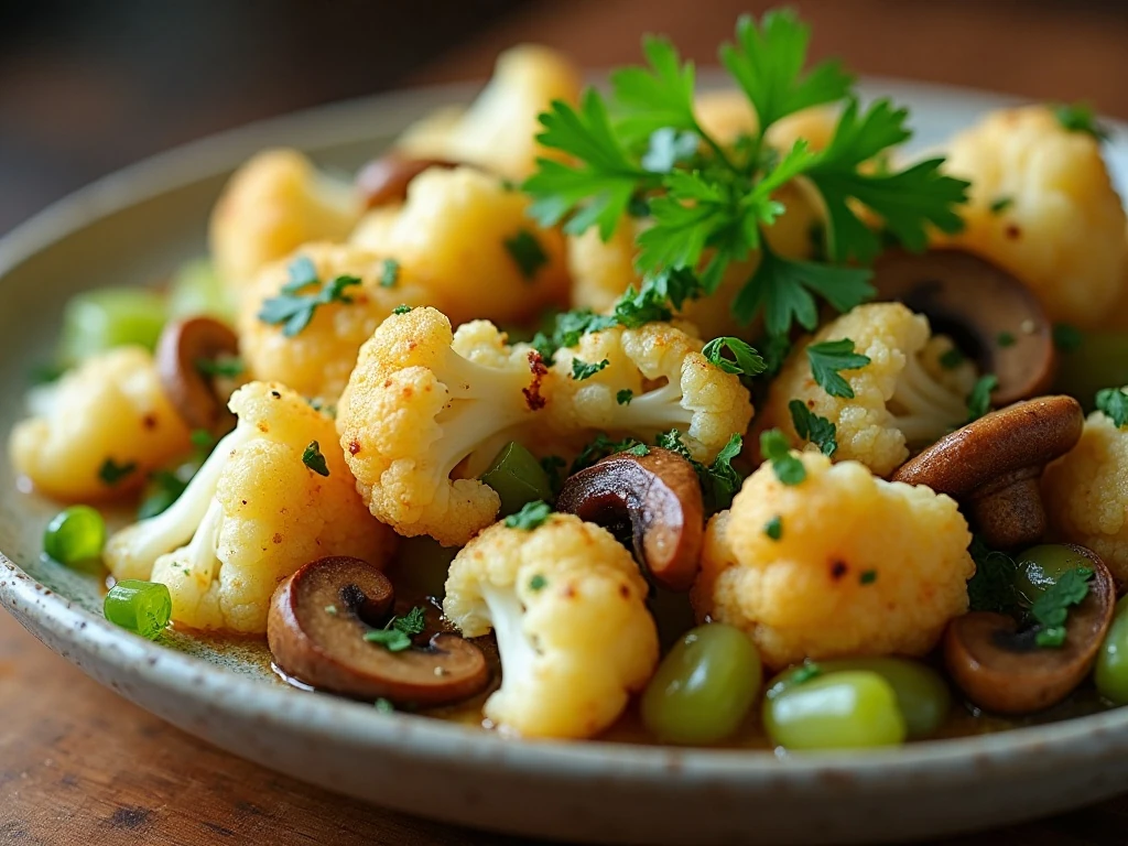Close-up of cauliflower stuffing garnished with parsley
