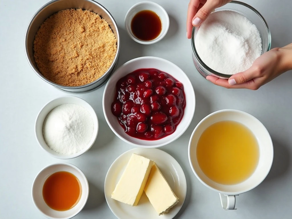Ingredients for an easy creamy cherry cheesecake arranged for baking
