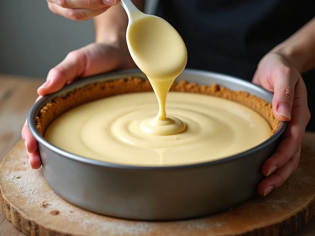 Pouring creamy cheesecake filling over a graham-cracker crust