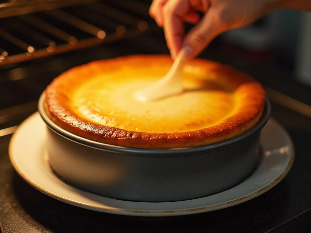 Baked cheesecake cooling gradually with set edges and a soft center