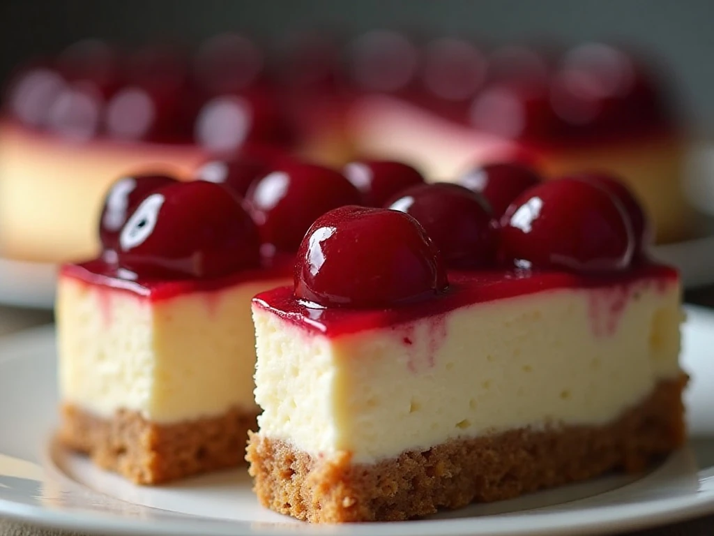 Close-up detail of cherry topping and creamy cheesecake layers