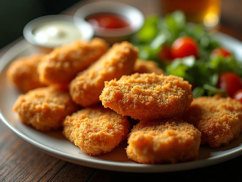 Crispy baked cornflake chicken strips served with dipping sauce