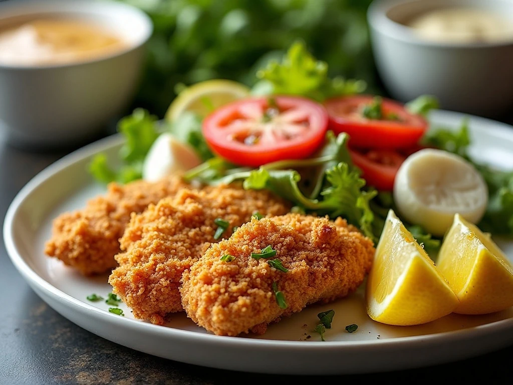 Cornflake chicken served with salad, vegetables, and dipping sauces