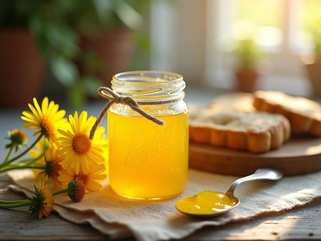 Golden dandelion jelly served with toast and fresh spring flowers