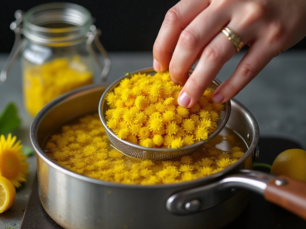 Dandelion petals simmering to make floral tea for jelly