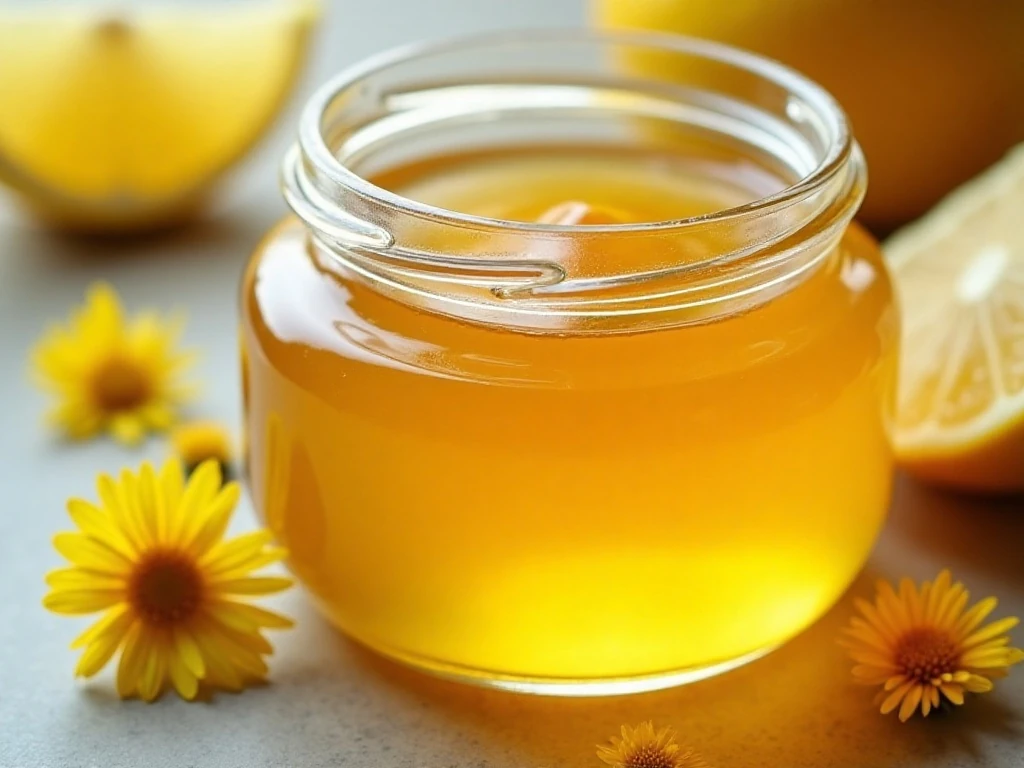 Clear floral dandelion jelly with lemon and petals