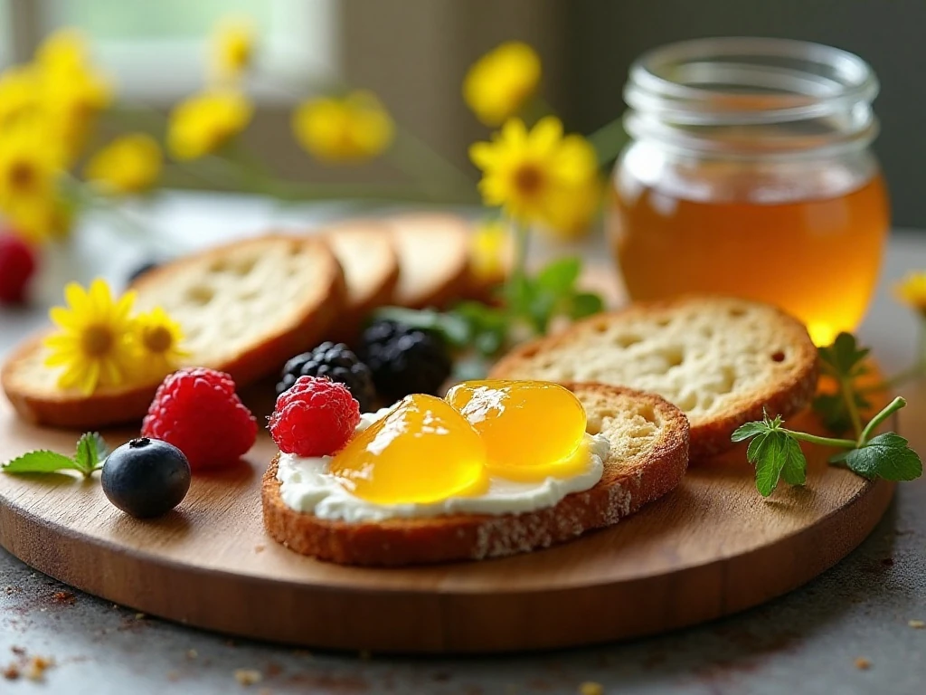 Dandelion jelly served with cheese, crackers, and toast