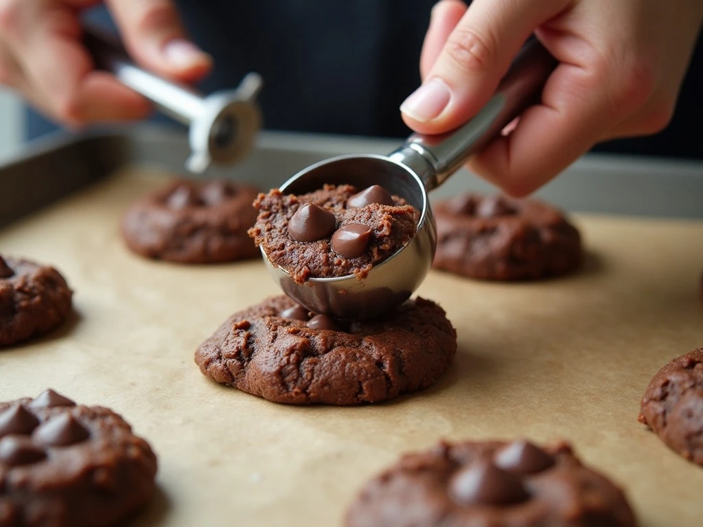 Portioning chocolate brownie cookie dough onto a baking sheet