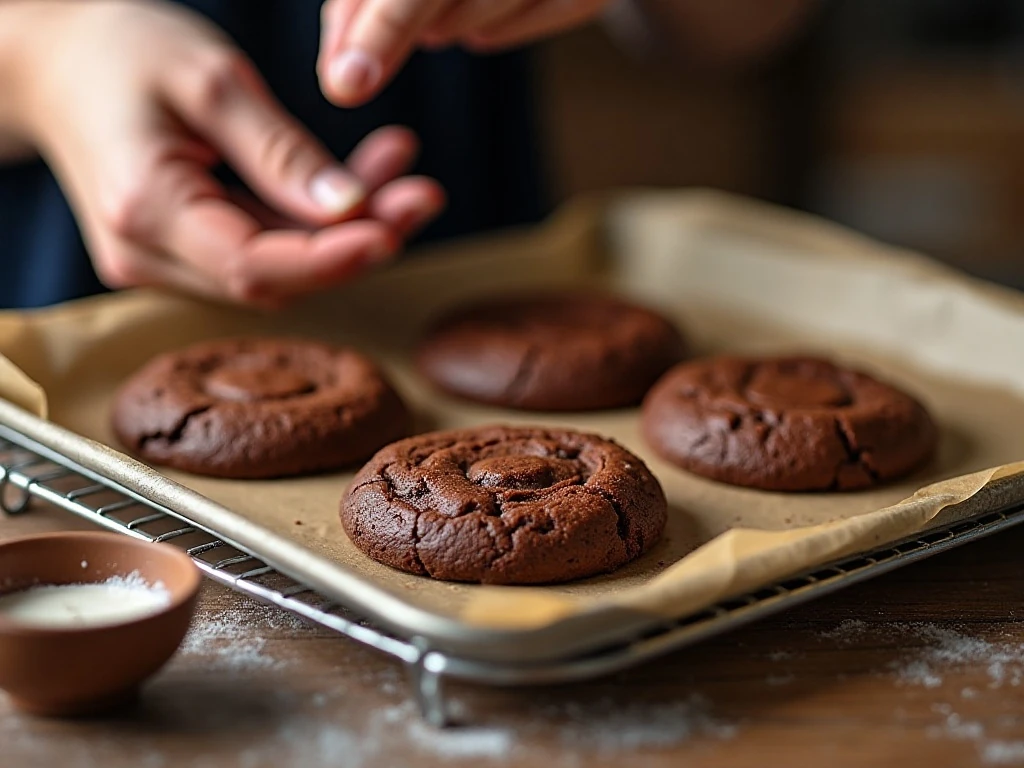 Soft-centered brownie cookies cooling after baking