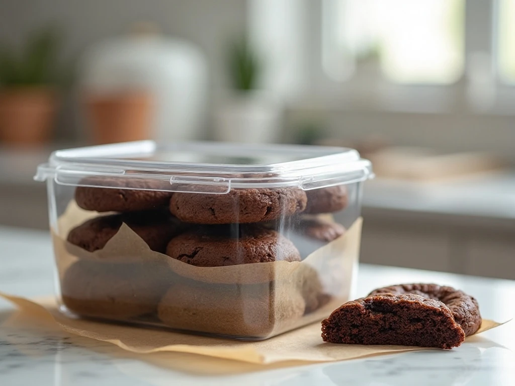 Frosted brownie cookies stored in an airtight container