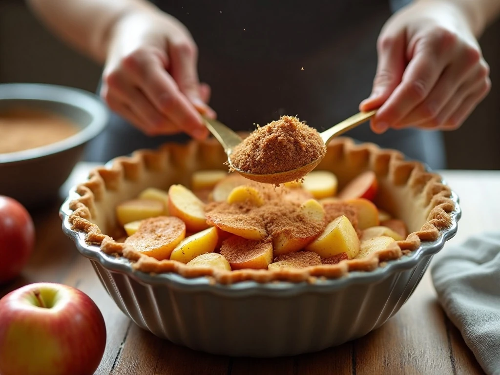 Apple slices coated with cinnamon sugar for pie filling