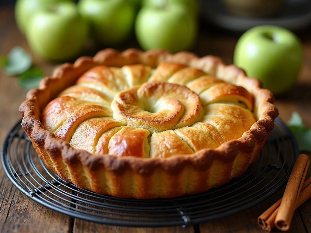 Freshly baked Granny Smith apple pie cooling