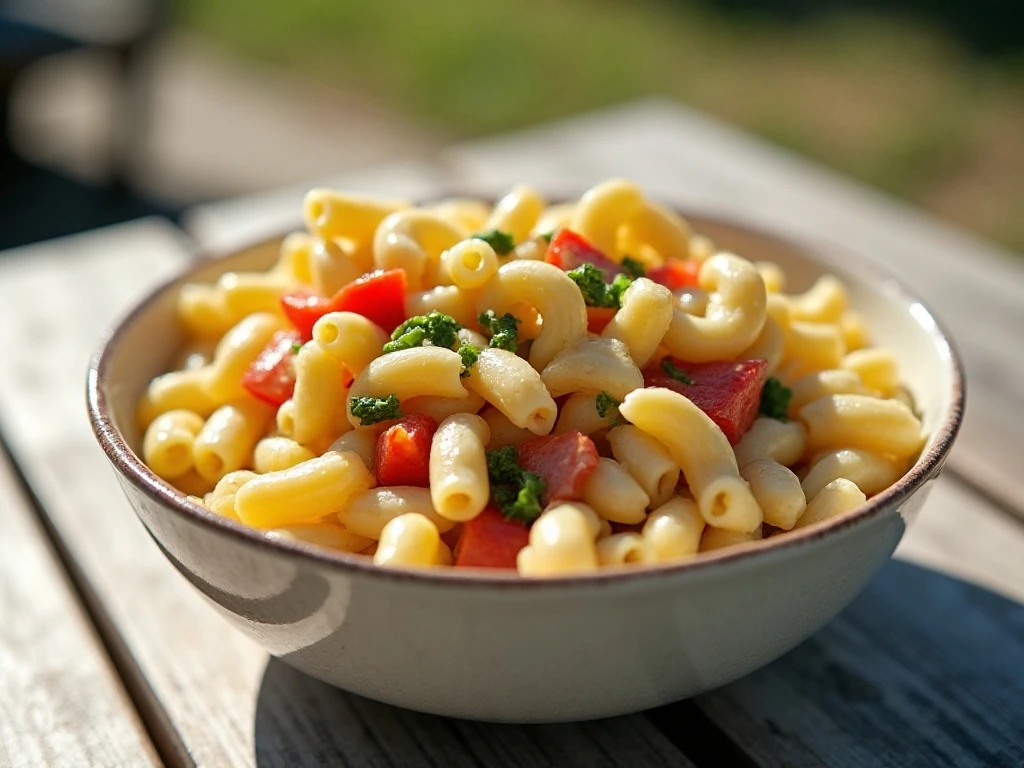 Creamy macaroni pasta salad with colorful vegetables served for a summer meal
