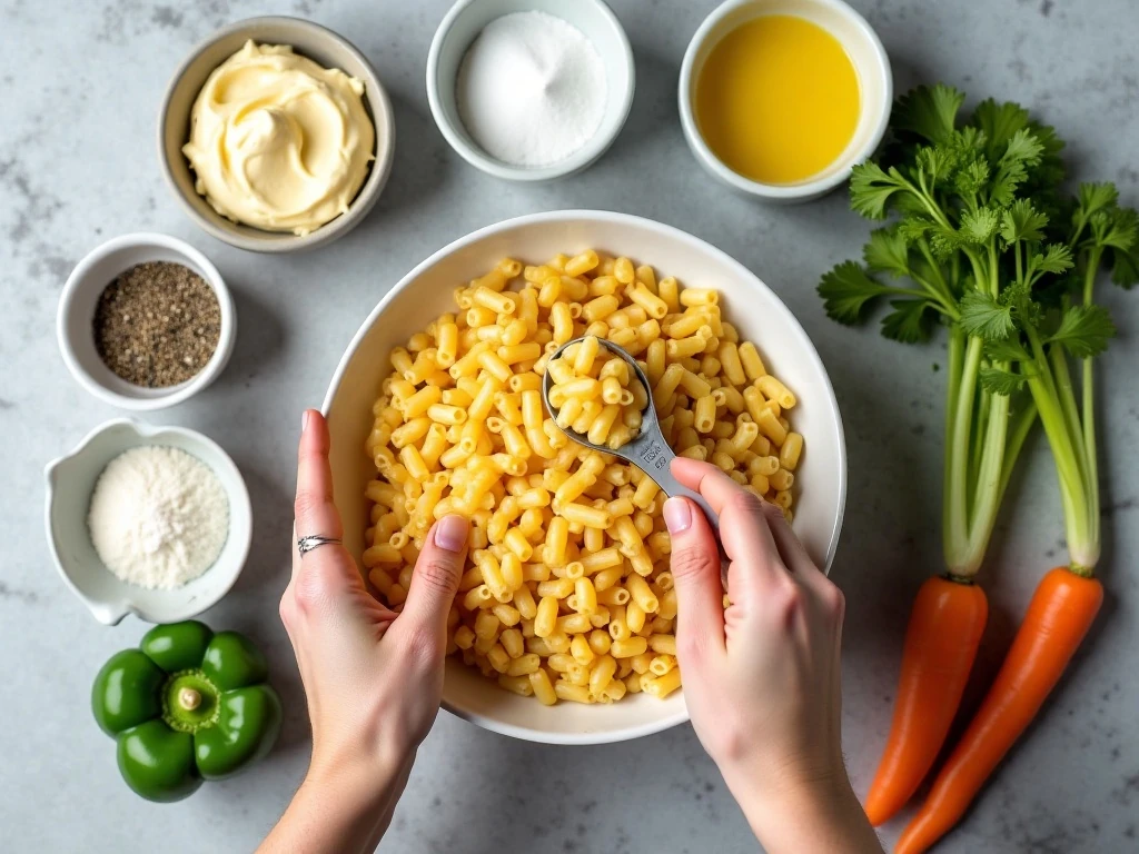 Ingredients for homemade macaroni pasta salad arranged on a counter