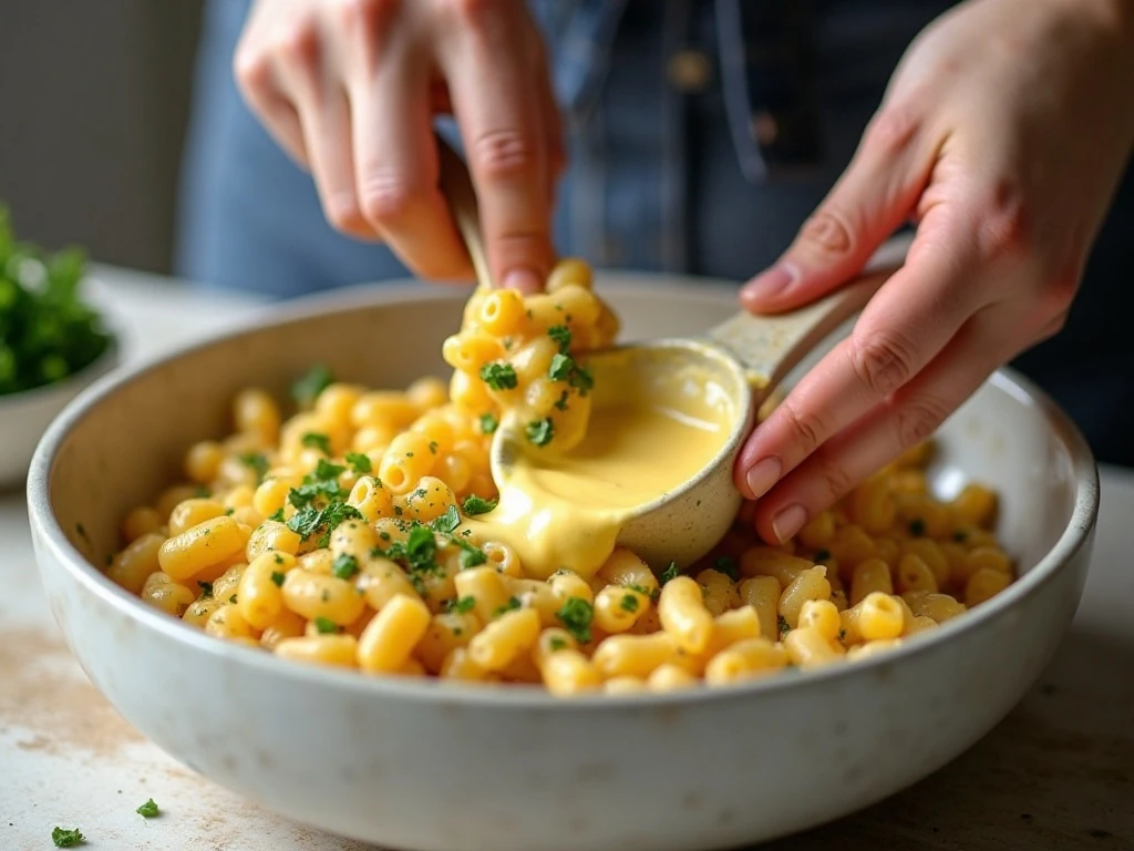 Mixing macaroni and chopped vegetables with creamy salad dressing