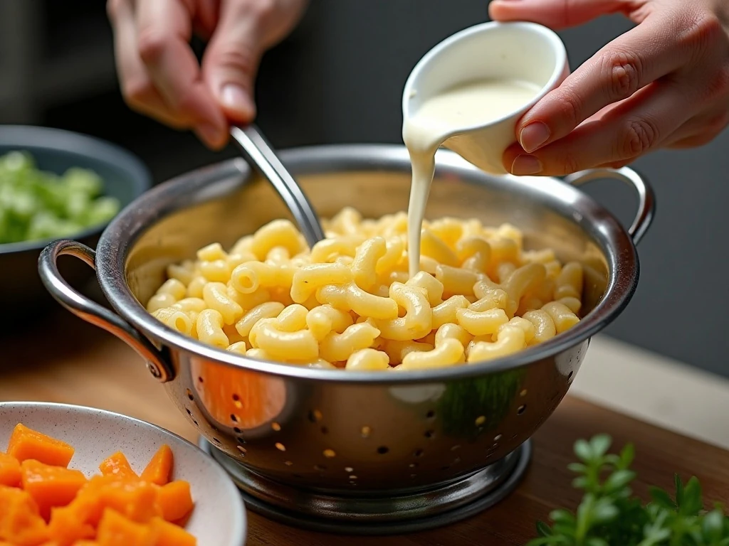 Rinsing cooked macaroni to prepare a creamy pasta salad