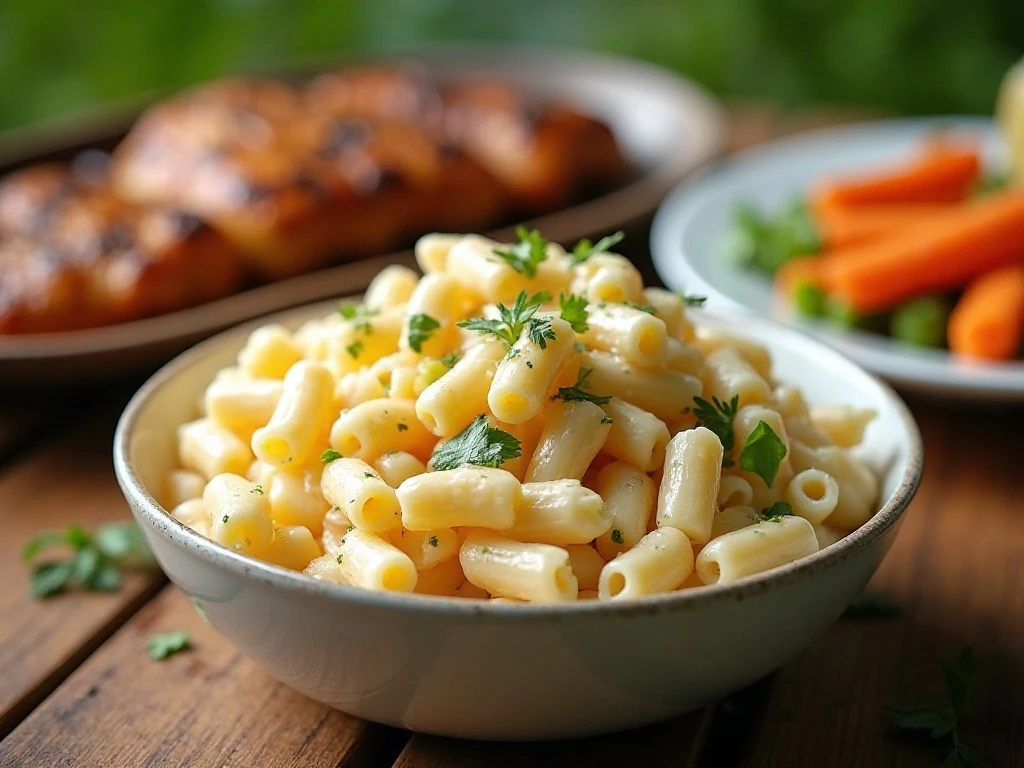 Make-ahead macaroni salad served as a picnic side dish