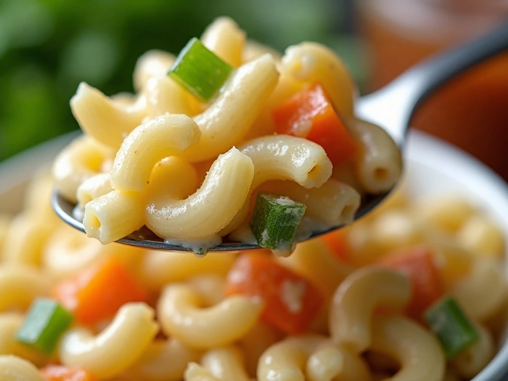 Close-up of colorful vegetables in creamy macaroni salad