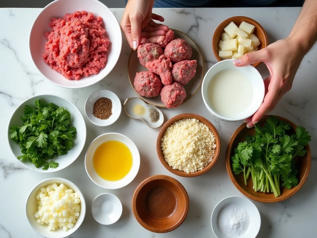 Ingredients for homemade beef and pork meatballs arranged on a kitchen counter