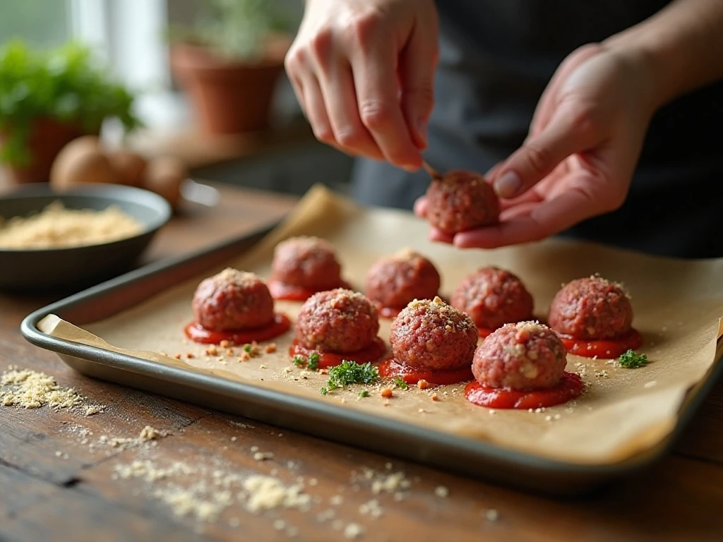 Shaping tender meatball mixture into evenly sized balls before baking