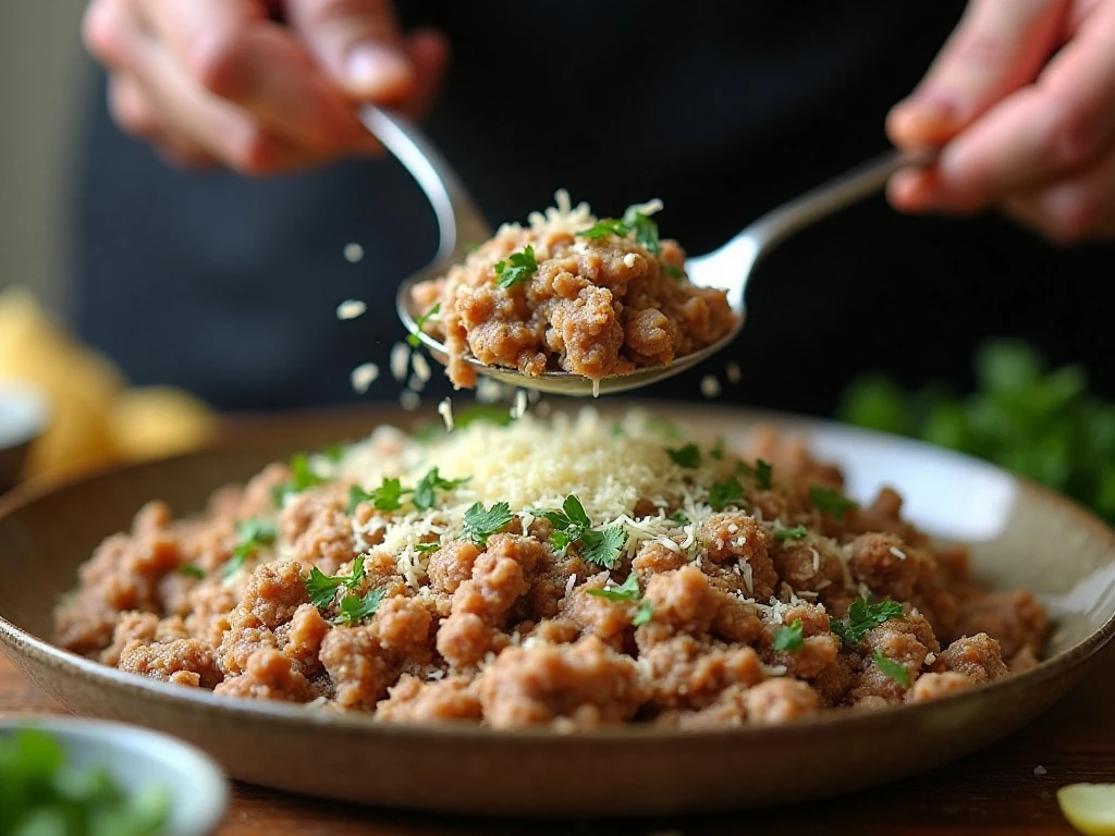 Gently mixing a milk-soaked breadcrumb panade into meatball ingredients