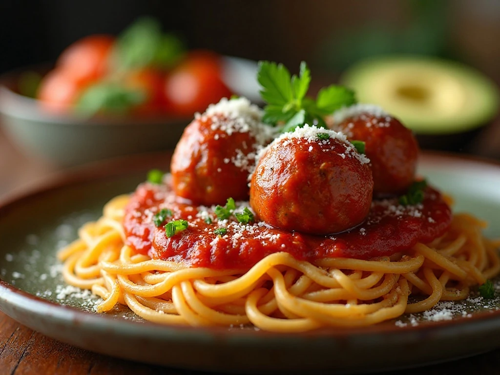 Baked meatballs in marinara served over spaghetti with a fresh salad
