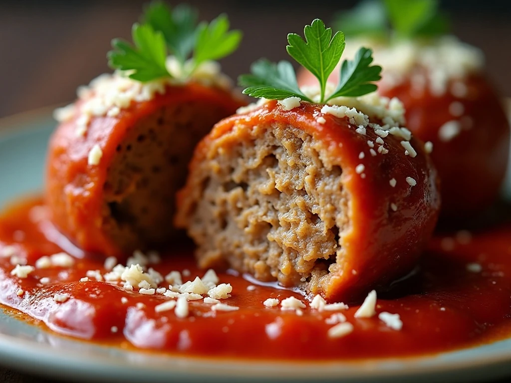 Close-up of a tender meatball with marinara, Parmesan, and parsley