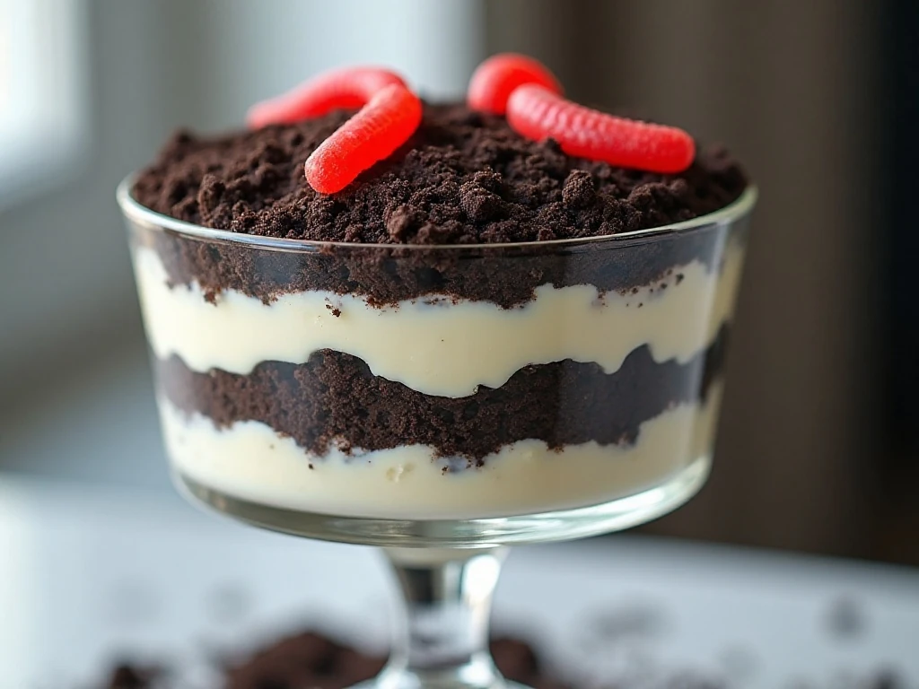 Layered Oreo dirt cake in a trifle bowl with gummy worms