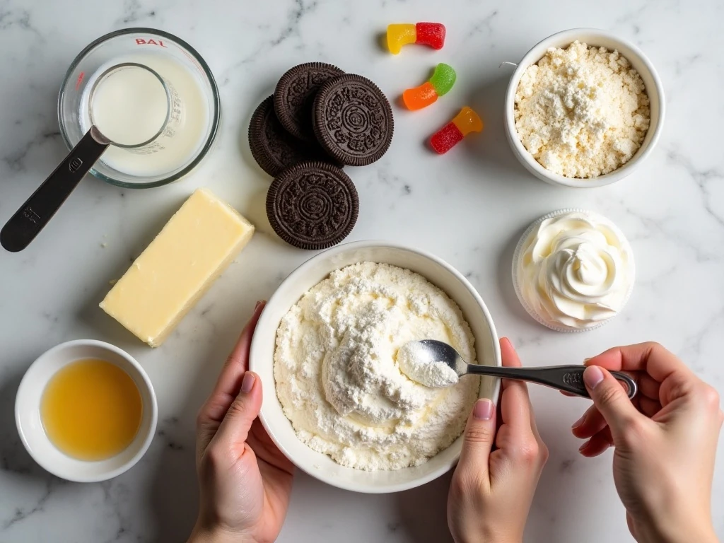 Ingredients for homemade Oreo dirt cake arranged on a counter