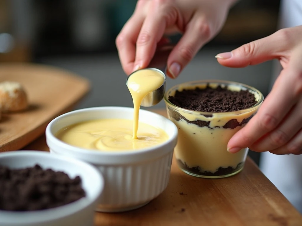 Preparing the pudding filling and Oreo crumbs for dirt cake