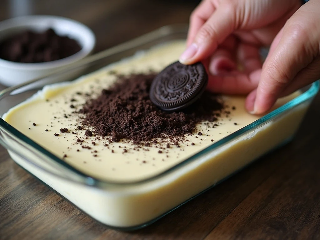 Layering fine Oreo crumbs over creamy dirt cake filling