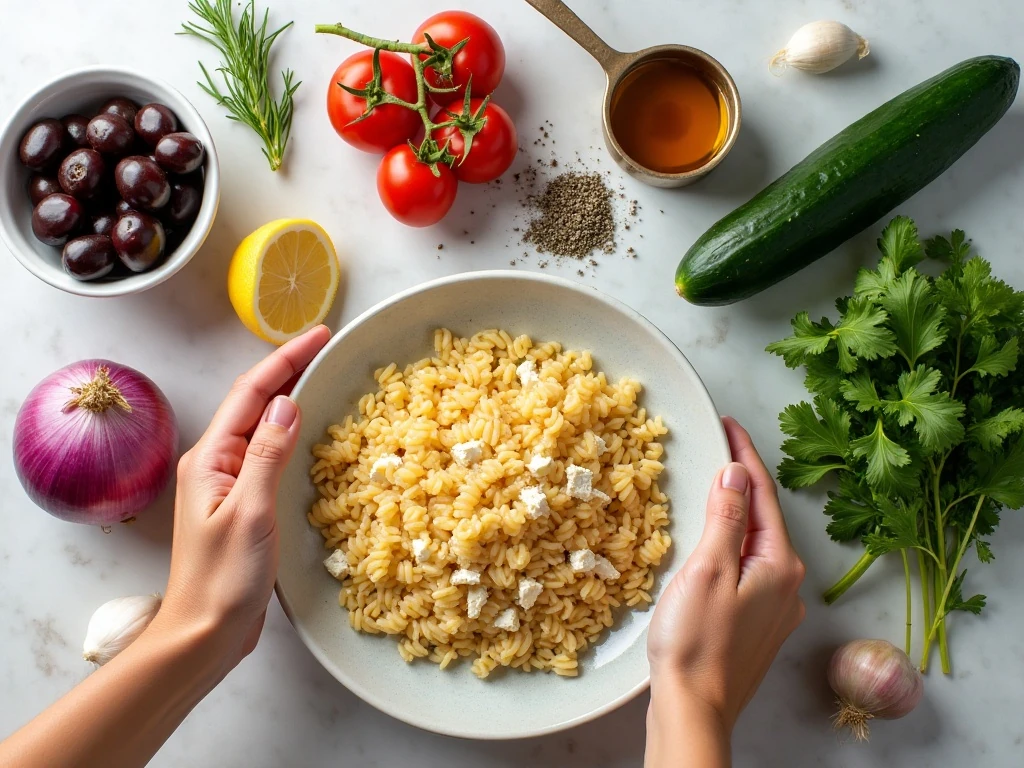 Ingredients for homemade orzo salad and lemon herb vinaigrette