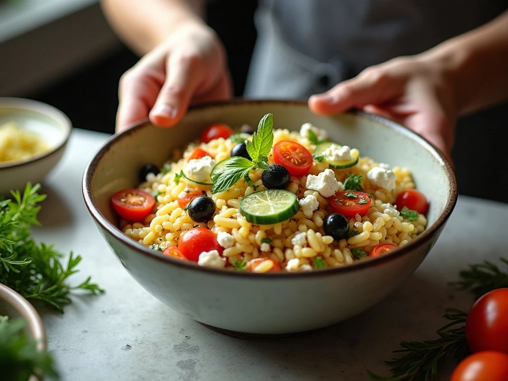 Tossing cooked orzo with vegetables, feta, herbs, and vinaigrette