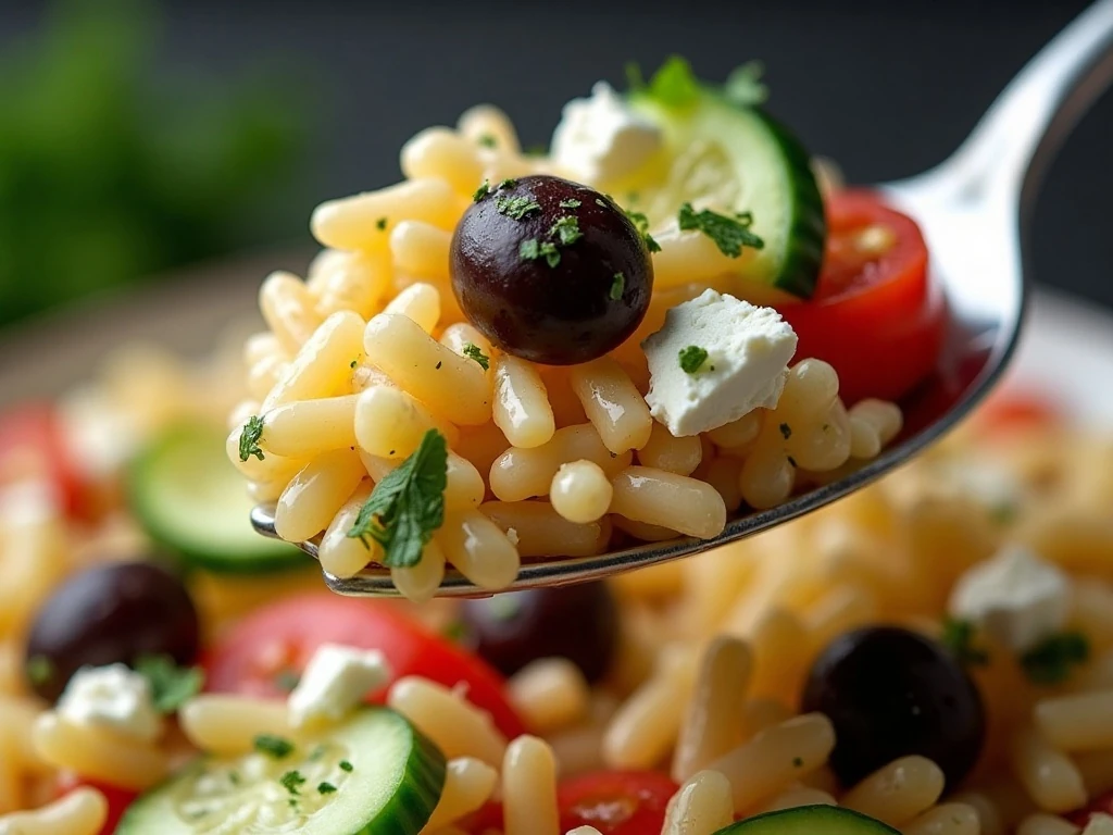 Close-up texture of orzo salad with feta, olives, vegetables, and herbs