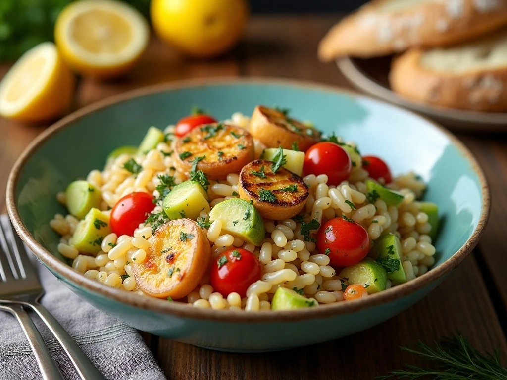 Orzo salad served as a colorful Mediterranean side dish