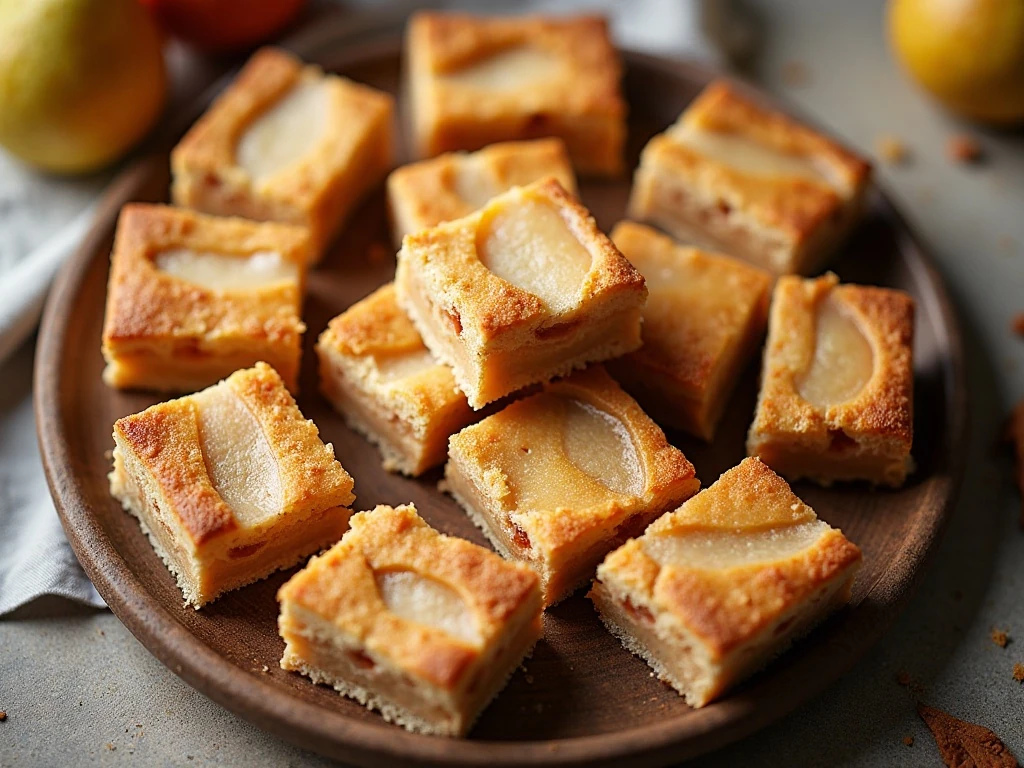 Platter of homemade pear pie bars with cinnamon filling and crumb topping