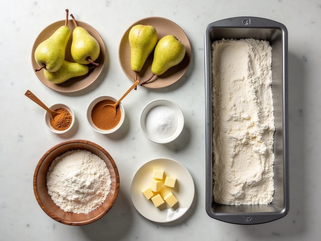 Ingredients for pear pie bars arranged for baking